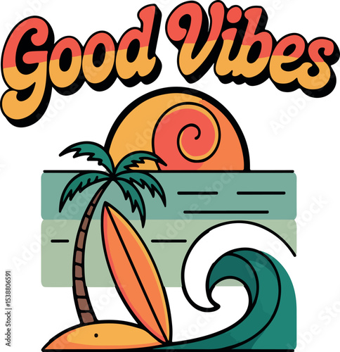 Good vibes retro beach illustration featuring a palm tree surfboard sunset and ocean wave