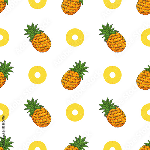 Pineapple seamless pattern, tropical ripe fruit.