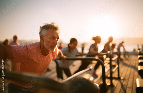 Vitalidad y alegría seniors abrazando bienestar al aire libre.Grupo de adultos mayores felices haciendo ejercicio al aire libre con brazos extendidos.