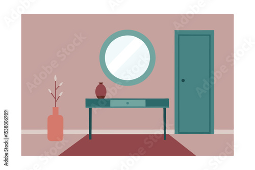 Serene Entryway Interior Design Minimalist Console Table, Round Mirror, and Teal Door
