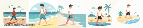 vector character of a little boy walking on the beach