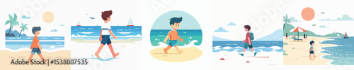 vector character of a little boy walking on the beach