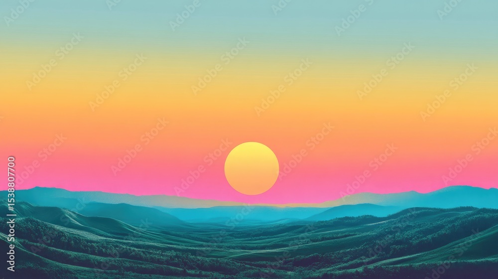 Fototapeta premium Tranquil Sunrise Over Rolling Hills with Pastel Sky and Warm Colors in a Serene Landscape