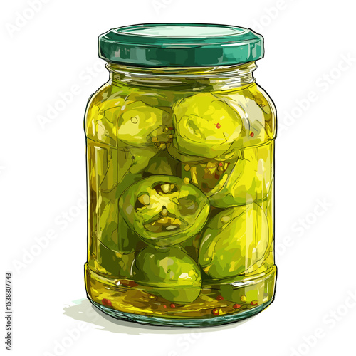 A jar of pickled Jalapeños jalapeno slices isolated on a white background