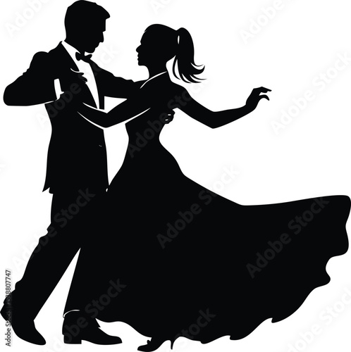 Beautiful dancing couples in silhouette black style illustrations isolated on white. 