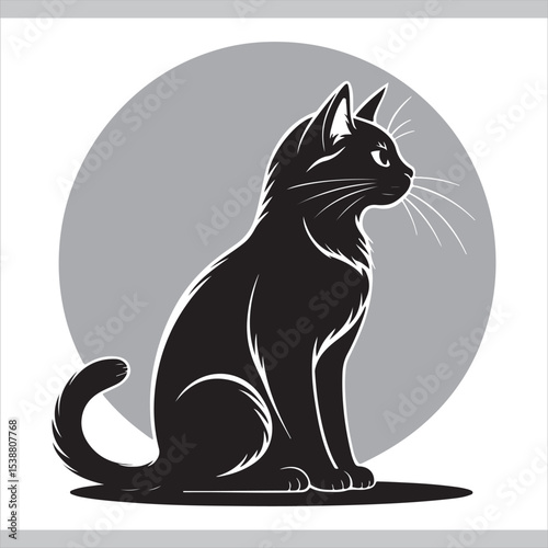 Black and white vector illustration of a cute cat sitting with a playful and artistic design