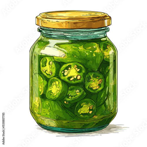 A jar of pickled Jalapeños jalapeno slices isolated on a white background