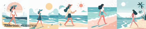 woman character vector walking on the beach