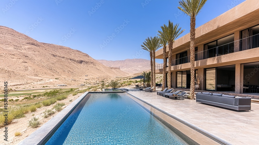 Fototapeta premium Modern desert villa with infinity pool overlooking arid mountains and sparse vegetation under a clear blue sky