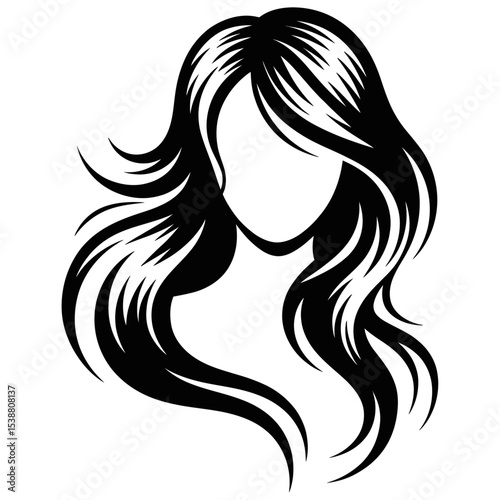 Abstract Black and White Illustration of Wavy Long Hair Cascading Down a Faceless Female Silhouette Stylized Hair Design
