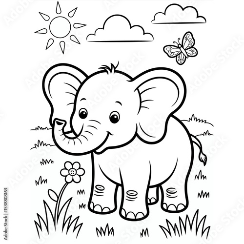 Adorable Baby Elephant Coloring Page Black and White Line Art Illustration Cute Cartoon Animal in Grassy Field with Sun