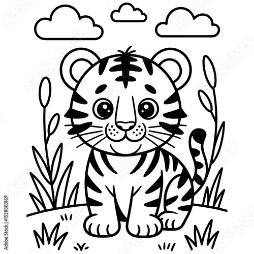 Adorable Black and White Cartoon Baby Tiger Cub Sitting in Grassland Underneath Fluffy Clouds Simple Line Art
