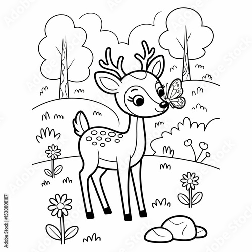 Adorable Black and White Line Drawing of a Fawn Deer with Spots in a Simple Nature Scene Featuring Flowers Butterfly and