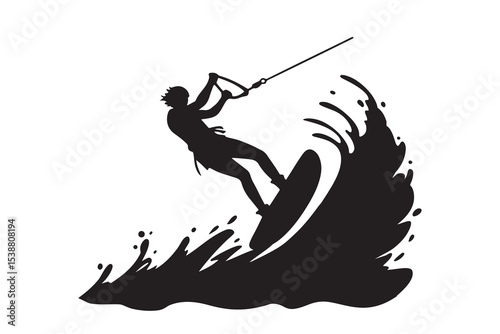 "Wakeboarder Silhouette Vector – Jumping Waves Extreme Water Sport Illustration"


