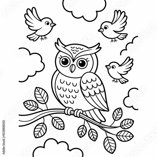 Black and White Line Drawing of an Owl Perched on a Branch with Three Small Birds Flying Nearby Surrounded by Stylized