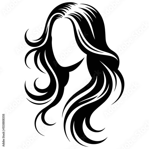 Black and White Silhouette of a Woman with Long Wavy Hair Flowing Down Her Back and Shoulders Stylized Hair Design for