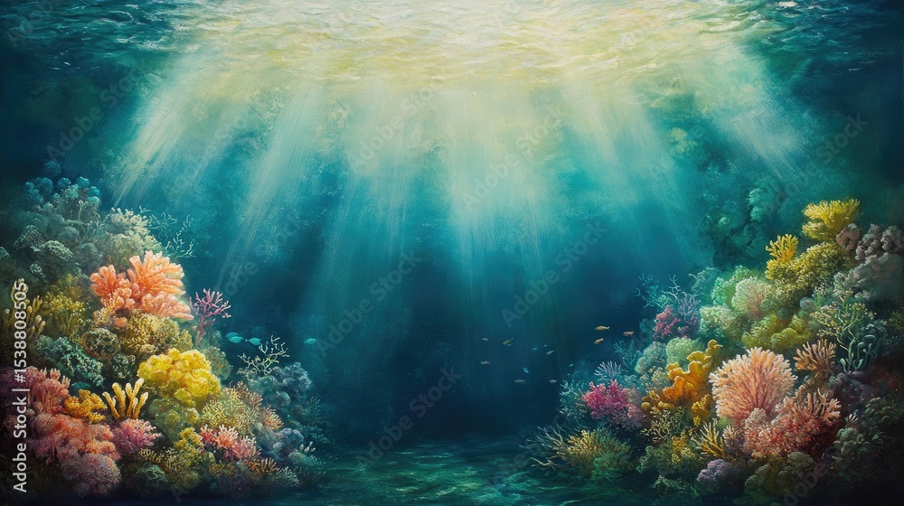 Fototapeta premium Underwater Scene with Vibrant Coral Reef and Sunlight Filtering Through Ocean Water