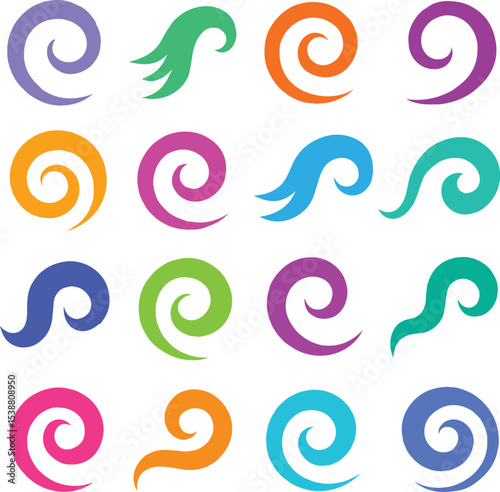 Colorful Abstract Swirls and Curls Vector Set – Spiral, Wave, and Twirl Decorative Elements for Digital Design