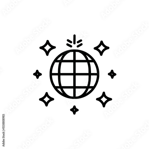 Gridded sphere radiates stars in simple black and white design