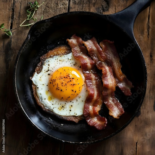 Bacon and egg breakfast in a cast iron skillet