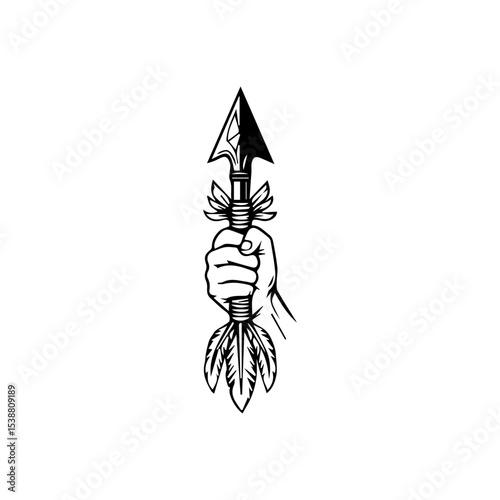 Black and White Logo Design Featuring Clenched Hand Holding a Vertically Aligned Decorative Arrow with Detailed Fletching and Arrowhead