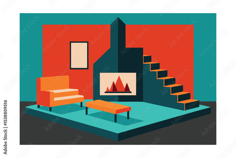 Fototapeta premium Mid-Century Modern Living Room Geometric Fireplace and Staircase Design Illustration