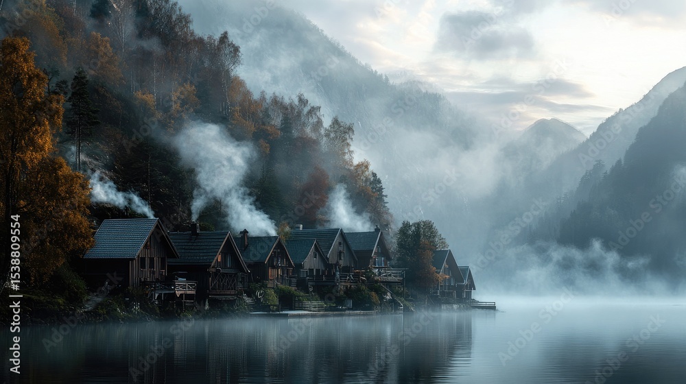 Fototapeta premium Serene Morning at a Lakefront Village Amid Mist and Mountains in Autumn Colors