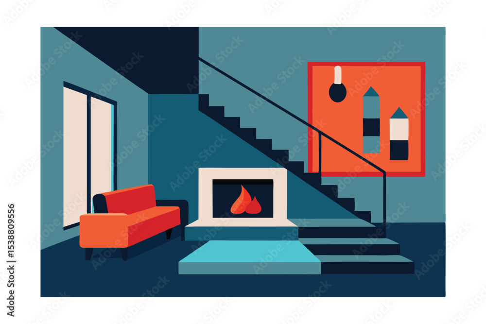 Fototapeta premium Modern Minimalist Home Interior Design Cozy Fireplace and Stylish Staircase