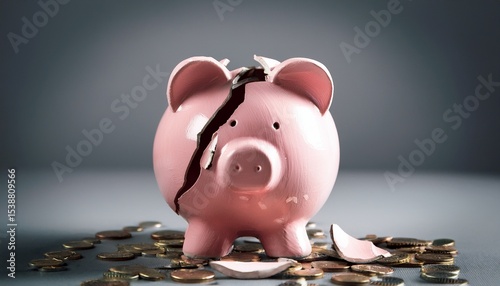 broken piggy bank on gray background
