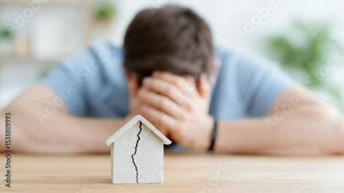 A cracked house placed on a table with a stressed person in the background, symbolizing overwhelming debt and issues with mortgage or real estate payments.