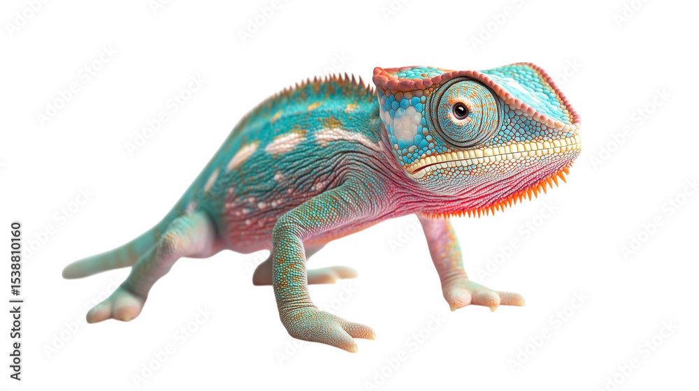 Fototapeta premium A vibrant green chameleon, a colorful reptile, is isolated on a white background, showcasing its unique eye and scales
