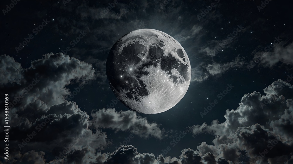 Fototapeta premium Beautiful Moon in the Skies. Flying Over the Infinite Clouds with the Night Moon Shining Seamless