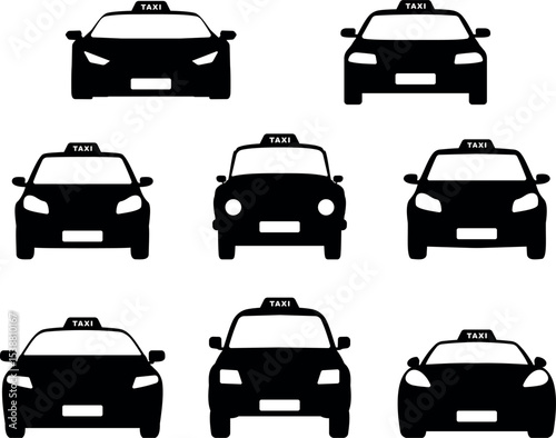 Black Taxi Cab Silhouette Icons Collection. Urban Transport Symbol Set in Monochrome Style