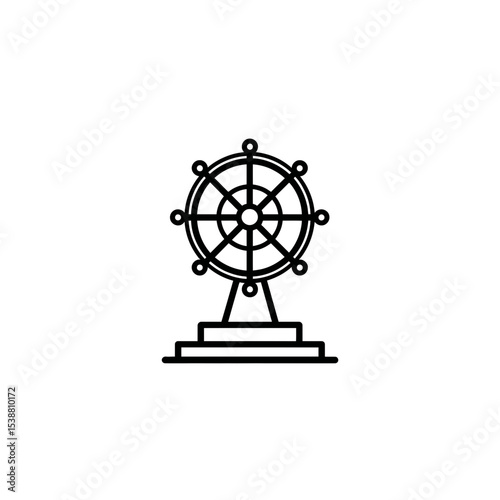 Dharmachakra wheel rests on pedestal evokes buddhism symbol scene