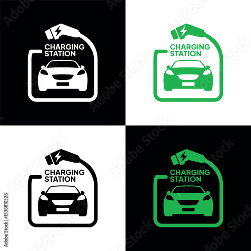 Electric Car Charging Station and Plug Icon. Hybrid Vehicle and Eco-Friendly Energy Symbol