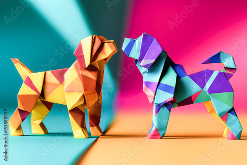 Two Origami Dogs – Playful paper models of adorable canines, perfect for dog lovers and fans of creative crafts.