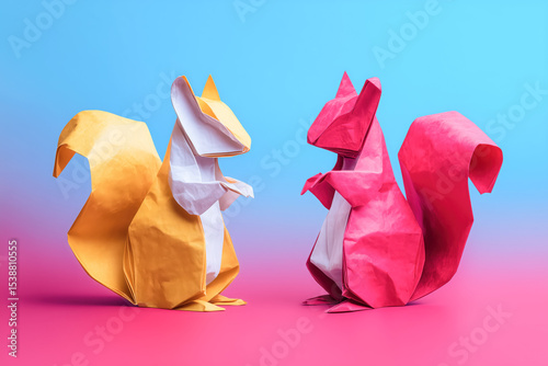 Two Happy Origami Squirrels – Bright yellow and red paper squirrels face to face on a bold red and blue background, full of charm and cuteness.