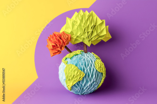 Paper Earth with Trees – A symbolic paper model of the planet surrounded by trees, highlighting ecology, carbon awareness, and environmental responsibility
