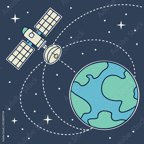 Satellite in Orbit – Vector Space Illustration