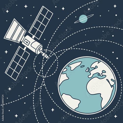 Satellite in Orbit – Vector Space Illustration