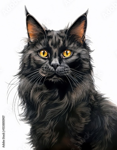 Stunning Portrait of a Black Maine Coon Cat with Striking Yellow Eyes on a Clean White Background - Artistic Cat Image