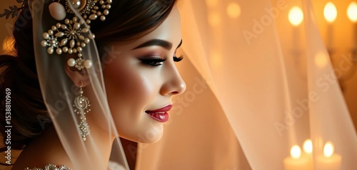 Candlelight illuminates flawless bridal makeup application, romantic, focus