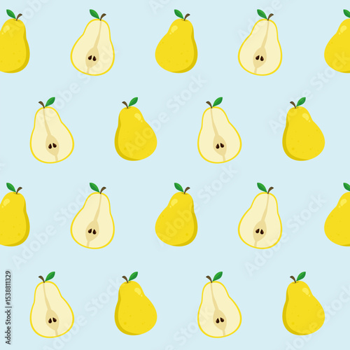 Whole and half  yellow pear seamless pattern. Fruit cartoon. Cute food illustration for paper wrapping, wallpaper, kitchen element, and fashion fabric