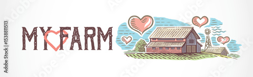 Farm with a soul. Illustration featuring a farmhouse in a rural landscape, rendered in an engraving technique with symbolic heart-shaped clouds.
