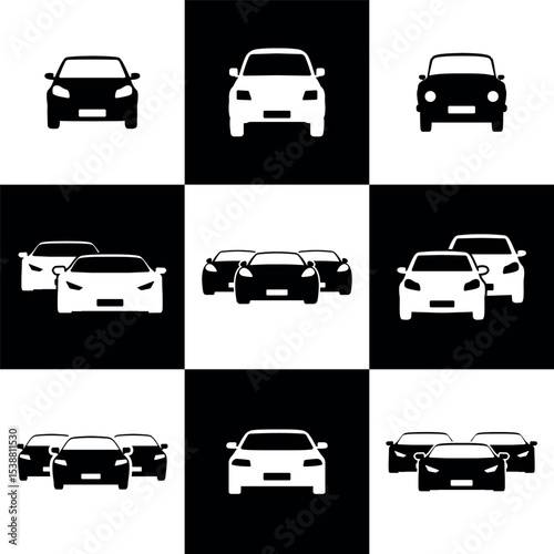 Frontal Car Icon Set. Collection of Black Silhouette Vehicle Symbols in Minimalist Style