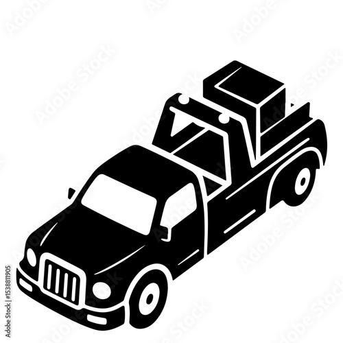 Black and white isometric illustration of a tow truck with a car on the back