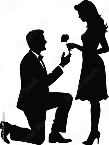 Sitting up on his knee a man proposes a woman to marry vector illustration