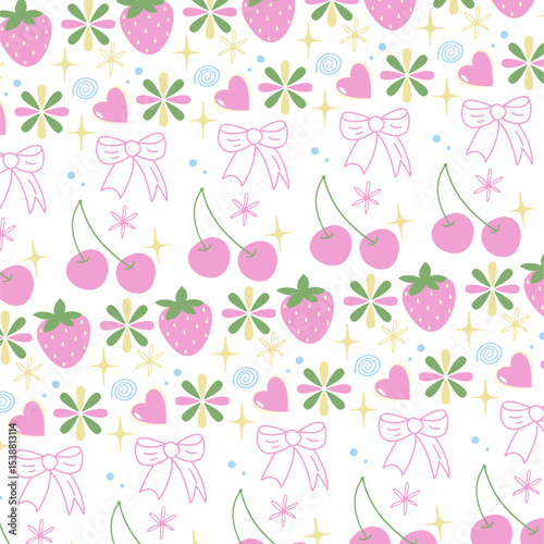 Colorful flower, bow, heart and cherry seamless pattern illustration. Spring season strawberry decoration texture, nature textile drawing print.