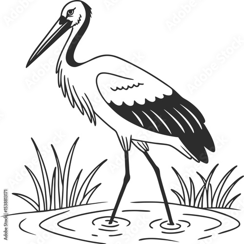 Elegant Stork Silhouette: A sophisticated grayscale silhouette of a stork gracefully standing in tranquil waters, accompanied by lush aquatic vegetation, creating a scene of serene elegance.