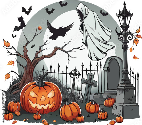 Spooky Halloween Scene: A vibrant illustration of a spooky Halloween scene, featuring a grinning jack-o'-lantern, ghostly figures, bats, and an eerie moon.